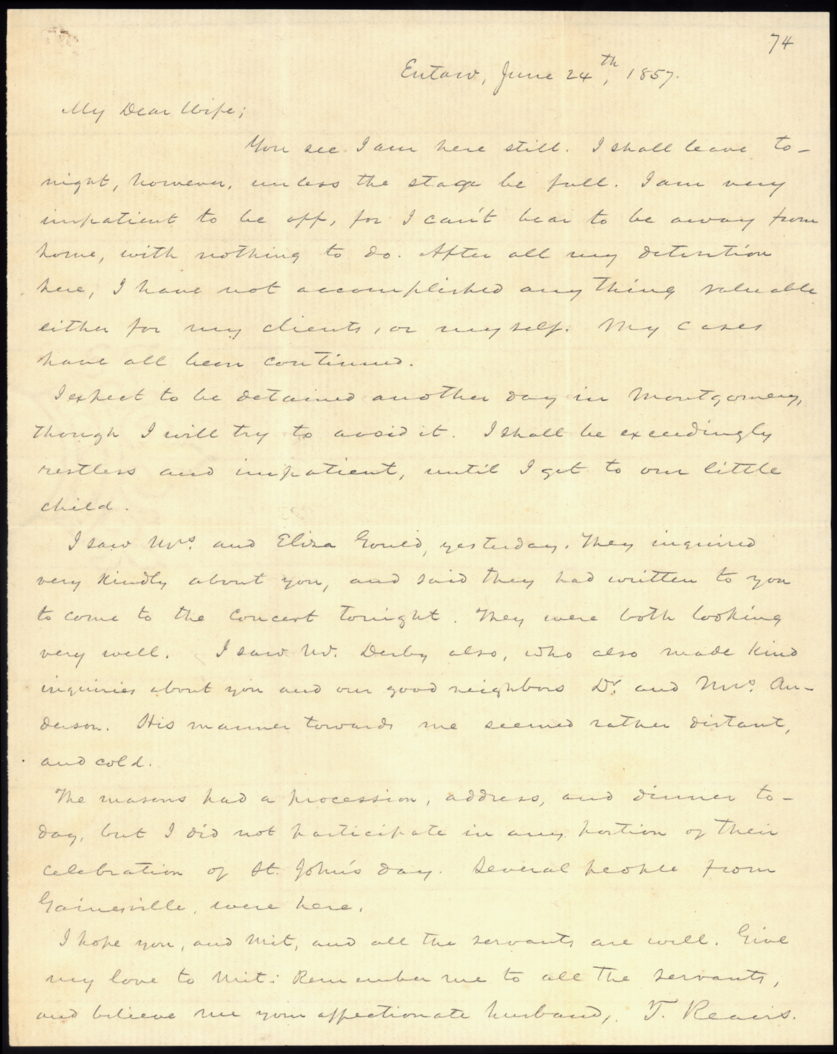 Letter, Turner Reavis, Eutaw, Alabama, to Mary Reavis