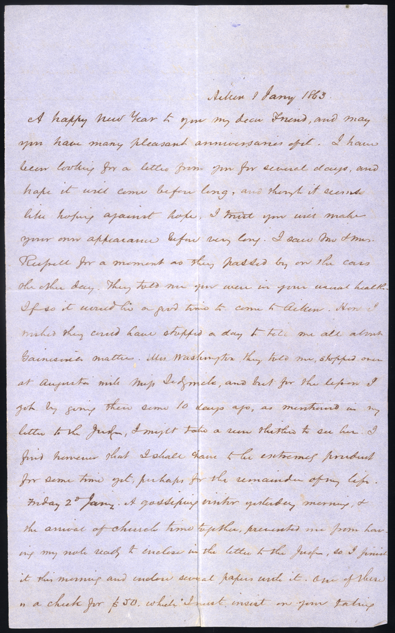 Letter, Leroy H. Anderson, Aiken, South Carolina, to Mary Reavis