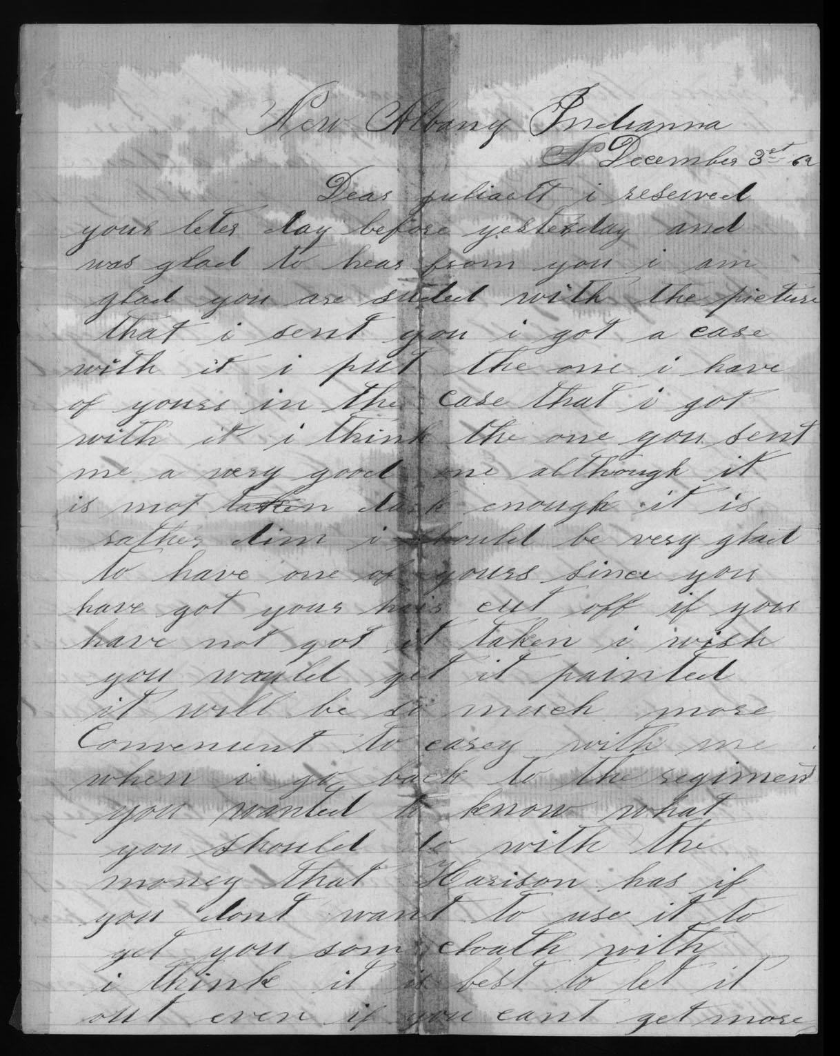 Letter, Charles Caley, New Albany, Indiana, to Juliaette Carpenter Caley
