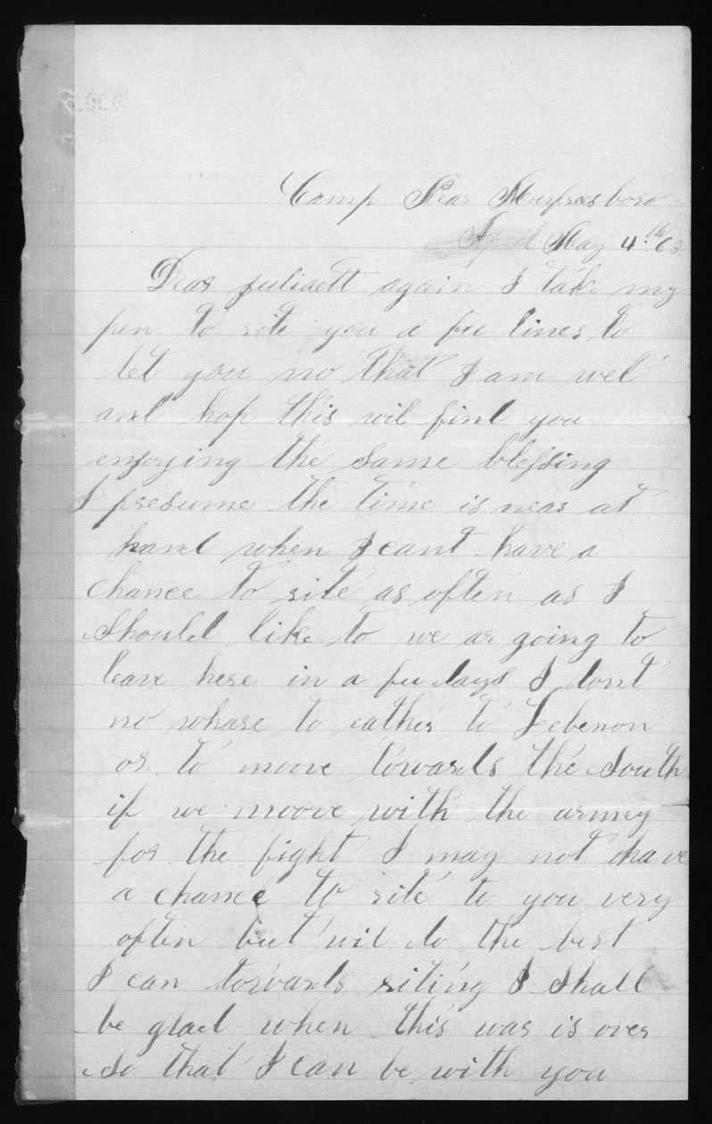 Letter, Charles Caley, Camp near Murfreesboro, Tennessee, to Juliaette Carpenter Caley