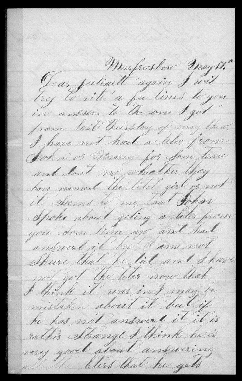 Letter, Charles Caley, Murfreesboro, Tennessee, to Juliaette Carpenter Caley