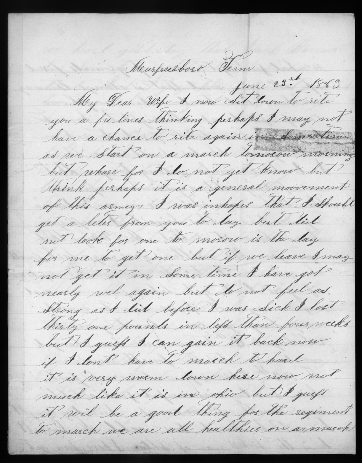 Letter, Charles Caley, Murfreesboro, Tennessee, to Juliaette Carpenter Caley