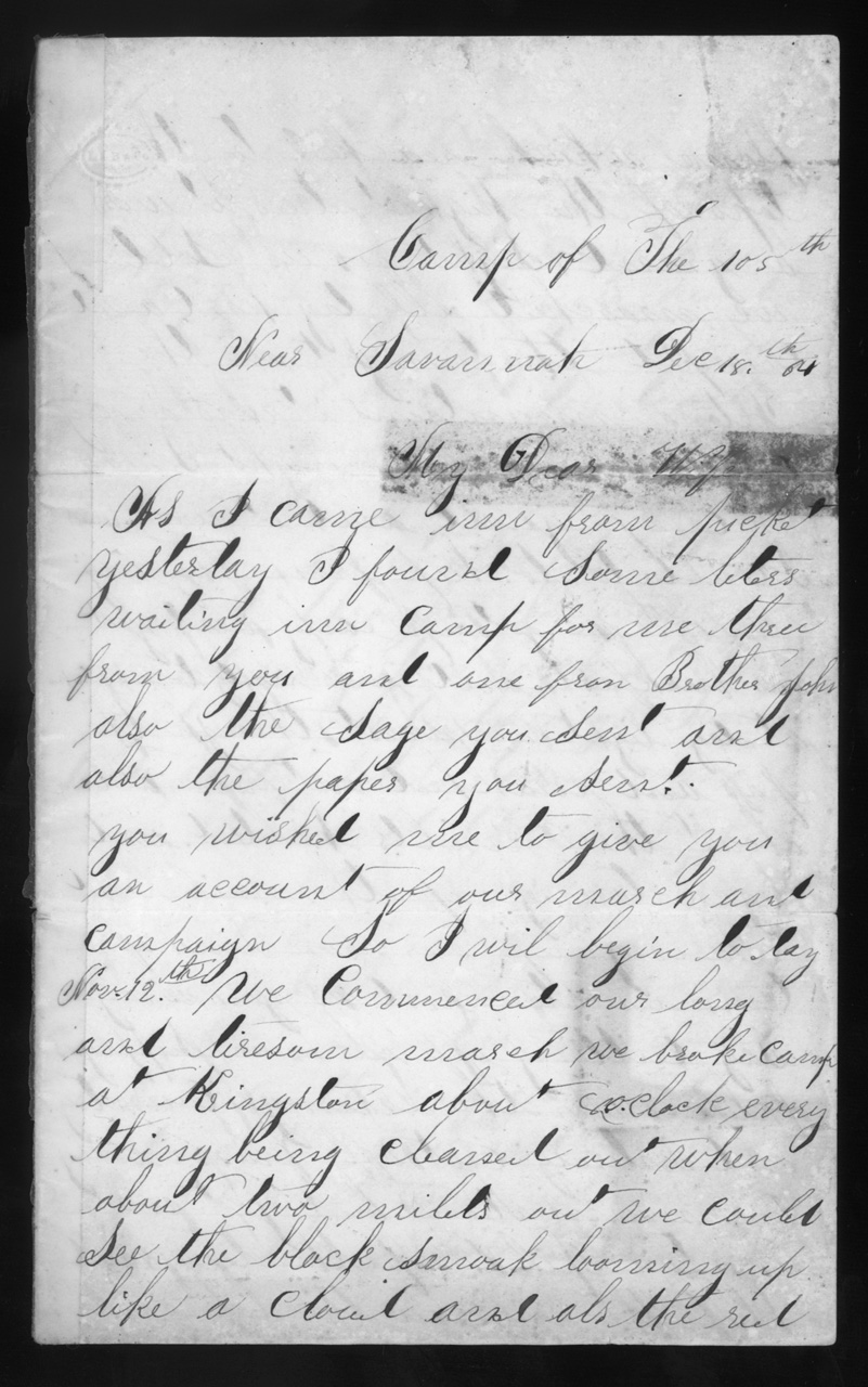 Letter, Charles Caley, Camp near Savannah, Georgia, to Juliaette Carpenter Caley