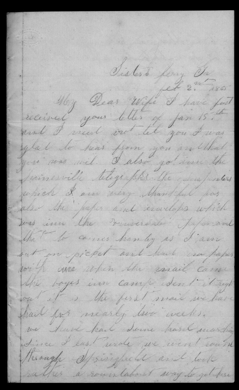 Letter, Charles Caley, Sisters Ferry, Georgia, to Juliaette Carpenter Caley