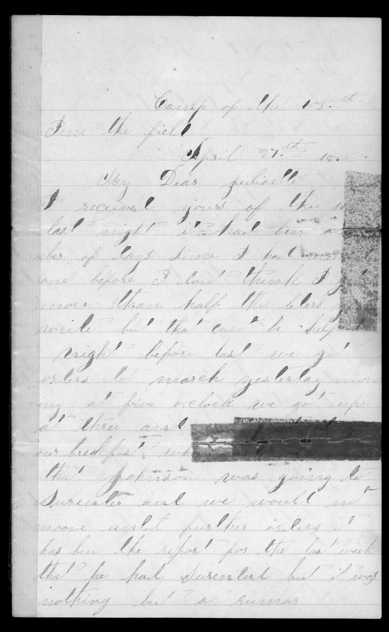 Letter, Charles Caley, Camp, to Juliaette Carpenter Caley