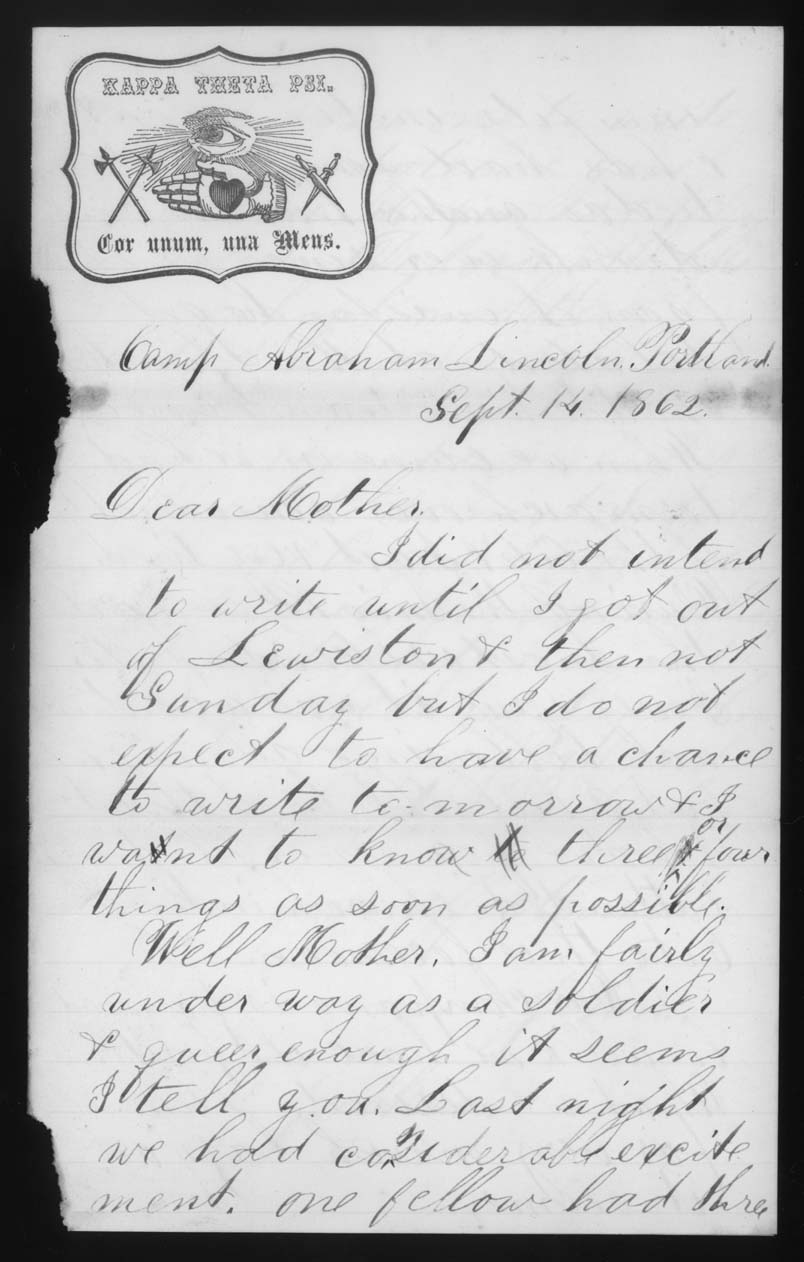 Letter, John M. Jackson, Camp Abraham Lincoln, Portland, Maine, to Betsey Mower Jackson, Page 1