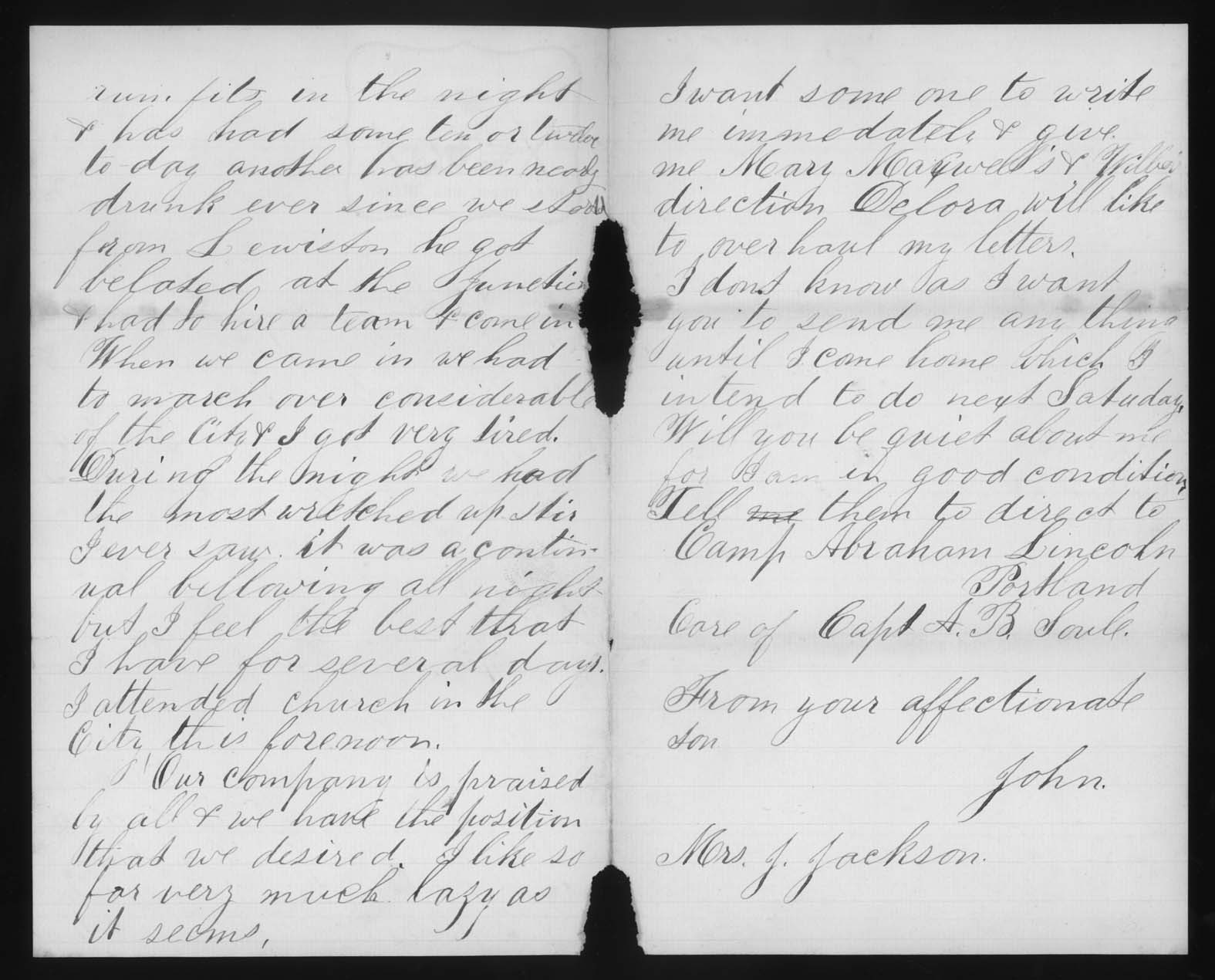 Letter, John M. Jackson, Camp Abraham Lincoln, Portland, Maine, to Betsey Mower Jackson, Pages 2-3