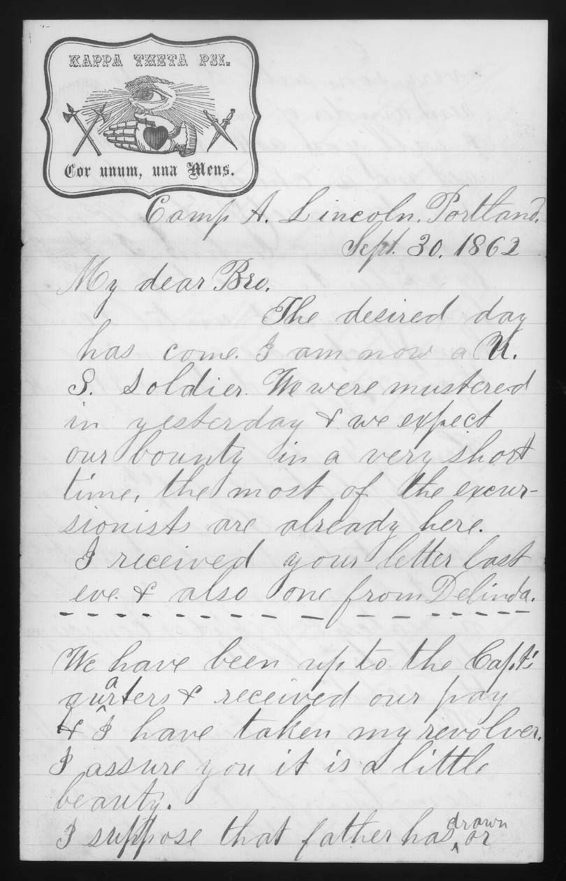 Letter, John M. Jackson, Camp Abraham Lincoln, Portland, Maine, to Alonzo Jackson, Page 1