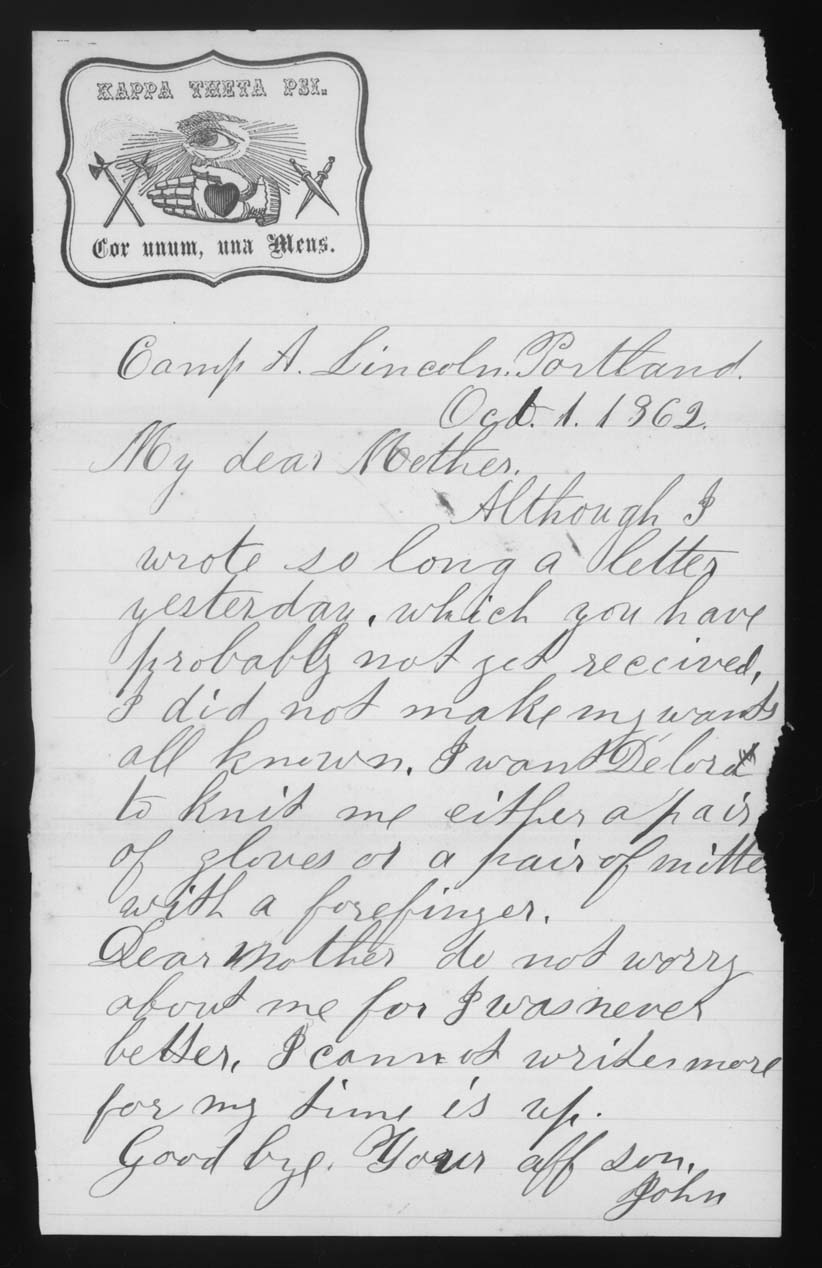 Letter, John M. Jackson, Camp Abraham Lincoln, Portland, Maine, to Betsey Mower Jackson