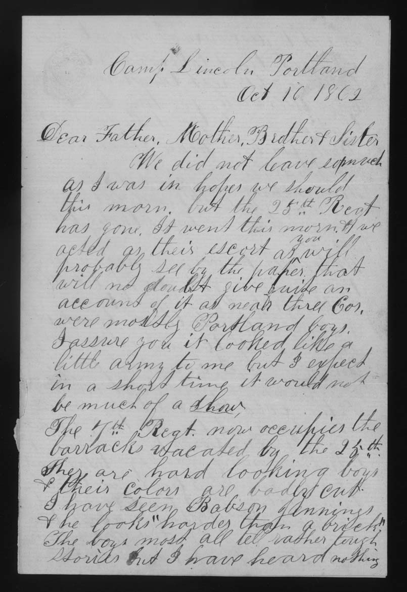 Letter, John M. Jackson, Camp Abraham Lincoln, Portland, Maine, to Joseph Jackson Family, Page 1