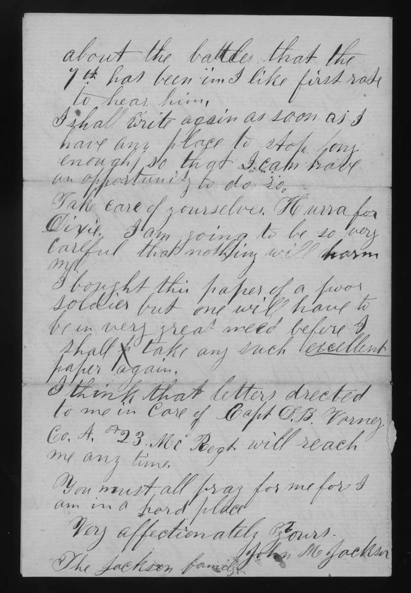 Letter, John M. Jackson, Camp Abraham Lincoln, Portland, Maine, to Joseph Jackson Family, Page 4