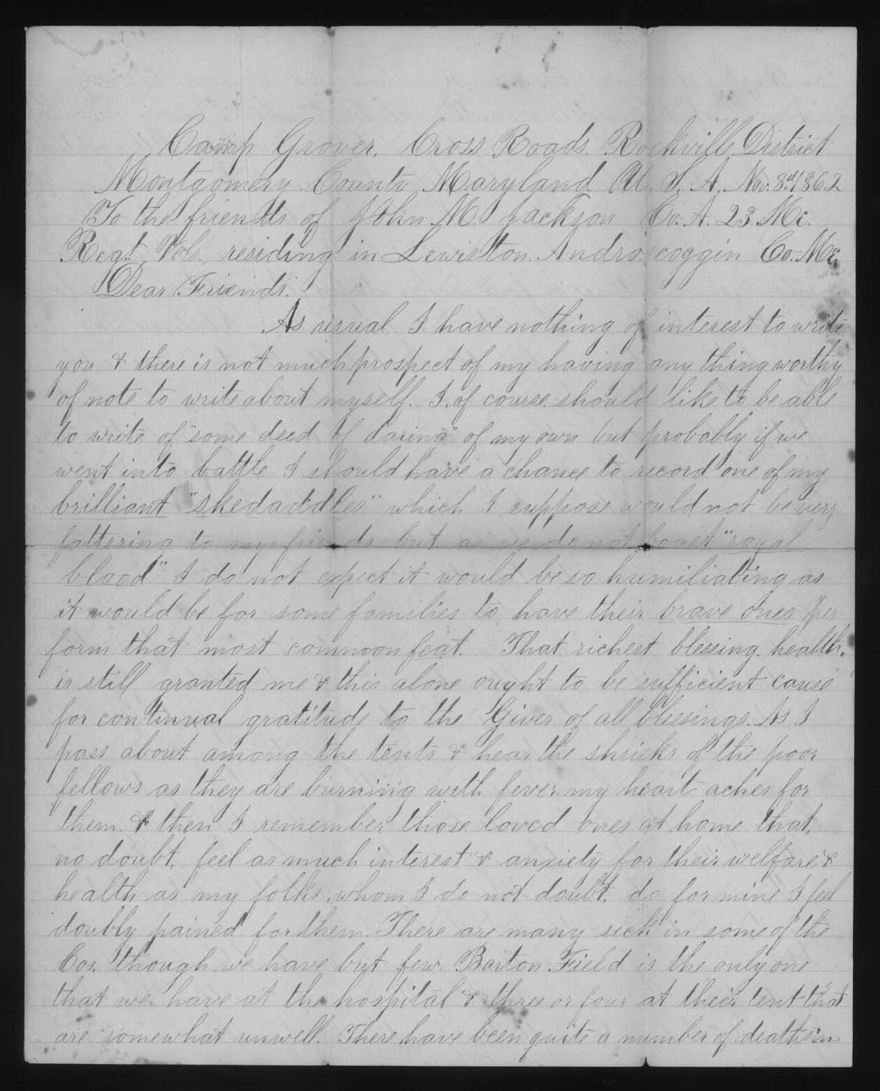 Letter, John M. Jackson, Camp Grover, Montgomery County, Maryland, to Friends of John M. Jackson, Page 1