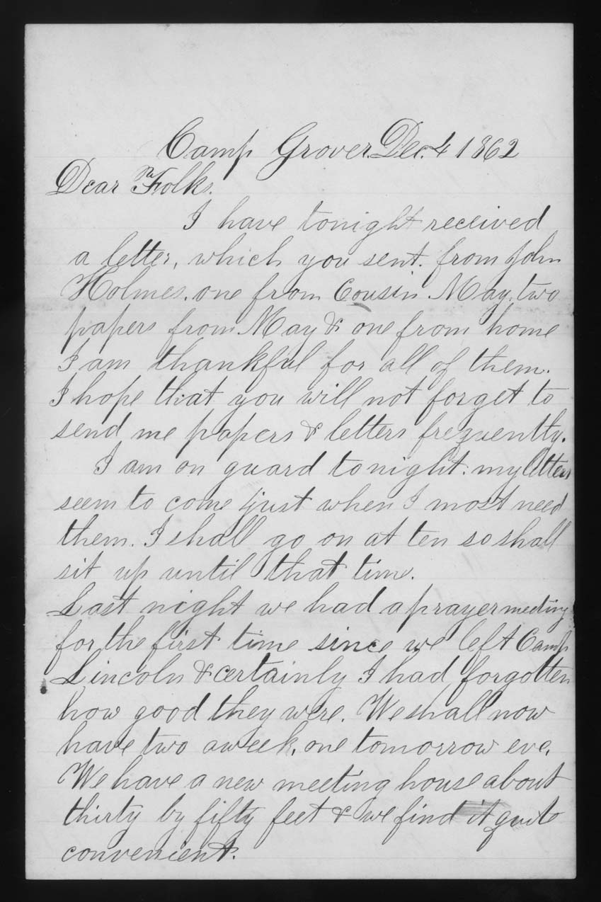 Letter, John M. Jackson, Camp Grover, Maryland, to Joseph Jackson Family, Page 1