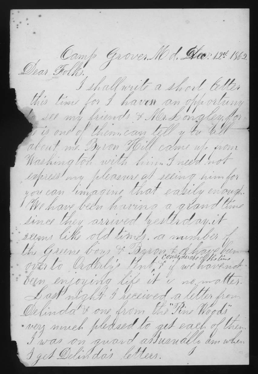 Letter, John M. Jackson, Camp Grover, Maryland, to Joseph Jackson Family, Page 1