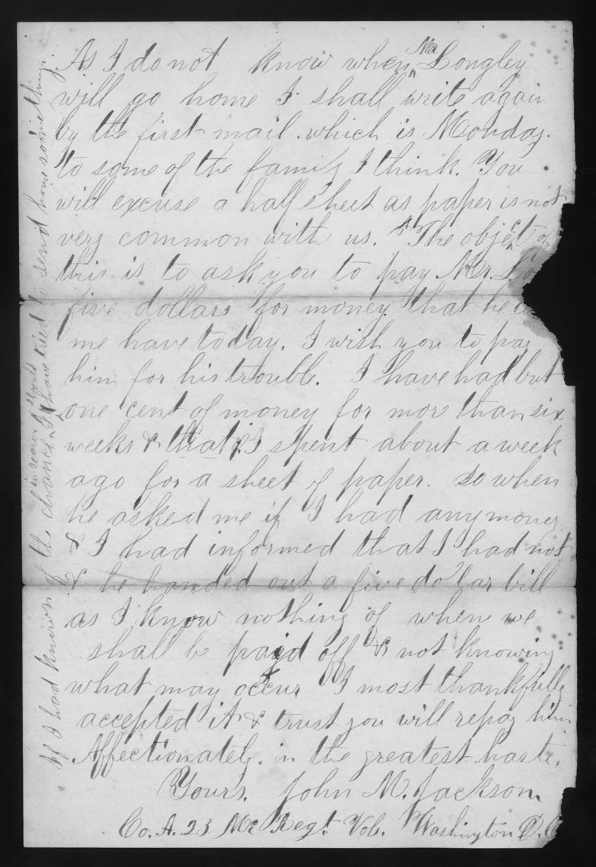 Letter, John M. Jackson, Camp Grover, Maryland, to Joseph Jackson Family, Page 2
