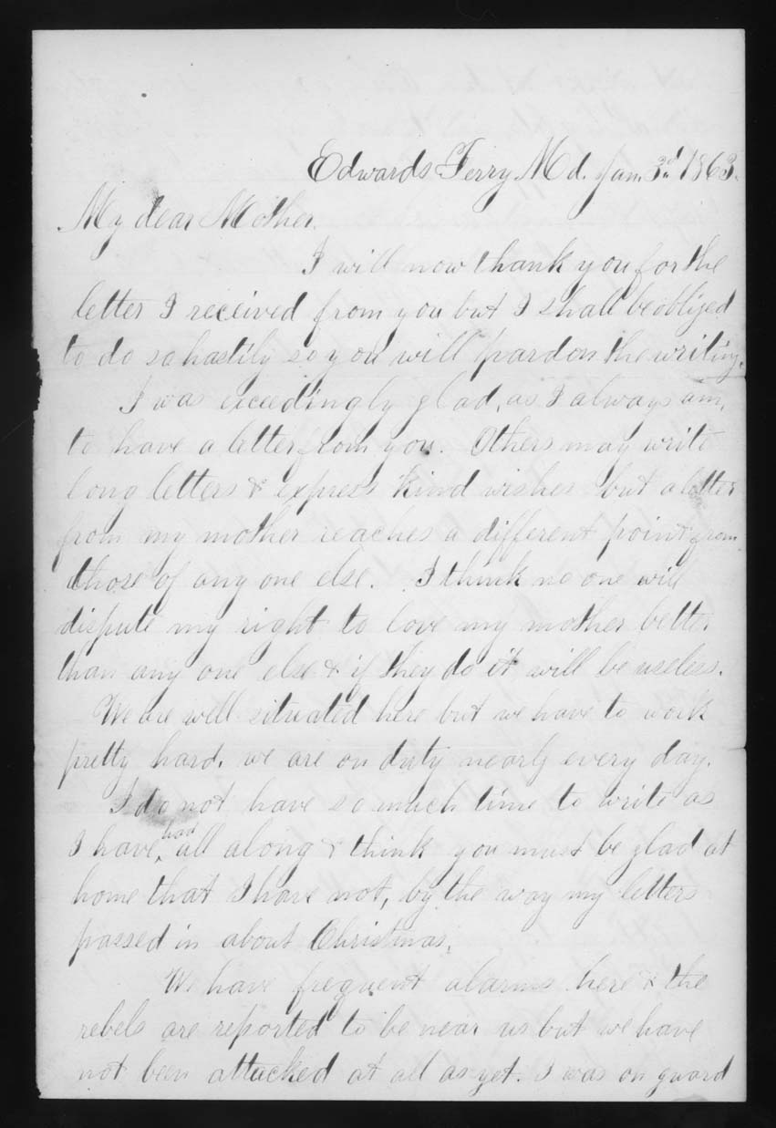 Letter, John M. Jackson, Edwards Ferry, Maryland, to Betsey Mower Jackson, Page 1