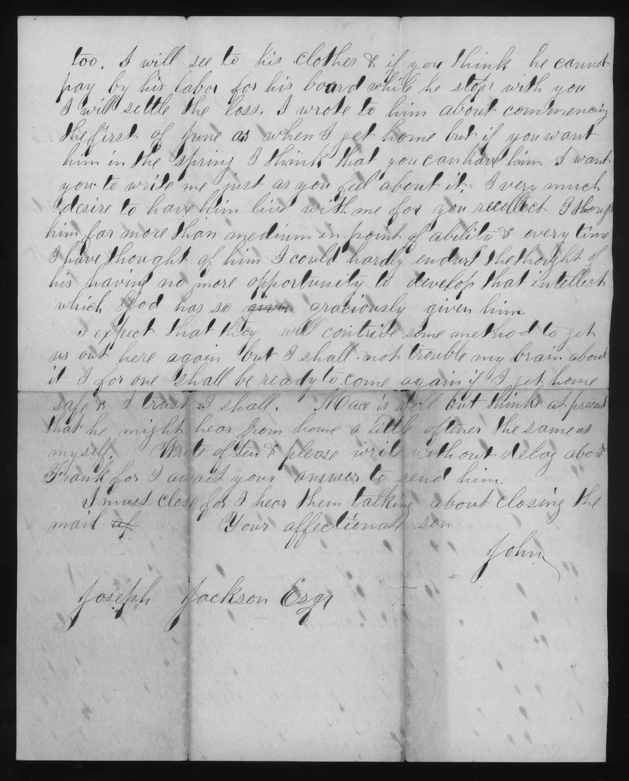 Letter, John M. Jackson, Camp near Edwards Ferry, Maryland, to Joseph Jackson, Page 2