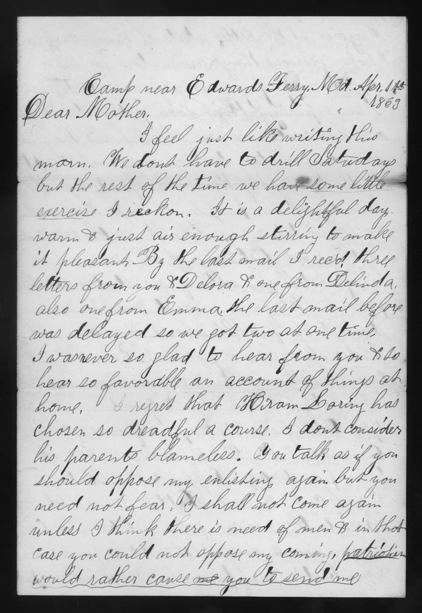 Letter, John M. Jackson, Camp near Edwards Ferry, Maryland, to Betsey Mower Jackson, Page 1