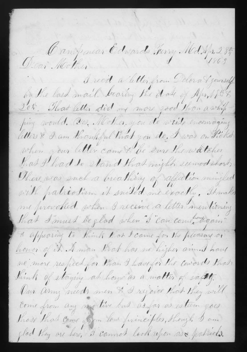Letter, John M. Jackson, Camp near Edwards Ferry, Maryland, to Betsey Mower Jackson and Delora Jackson, Page 1