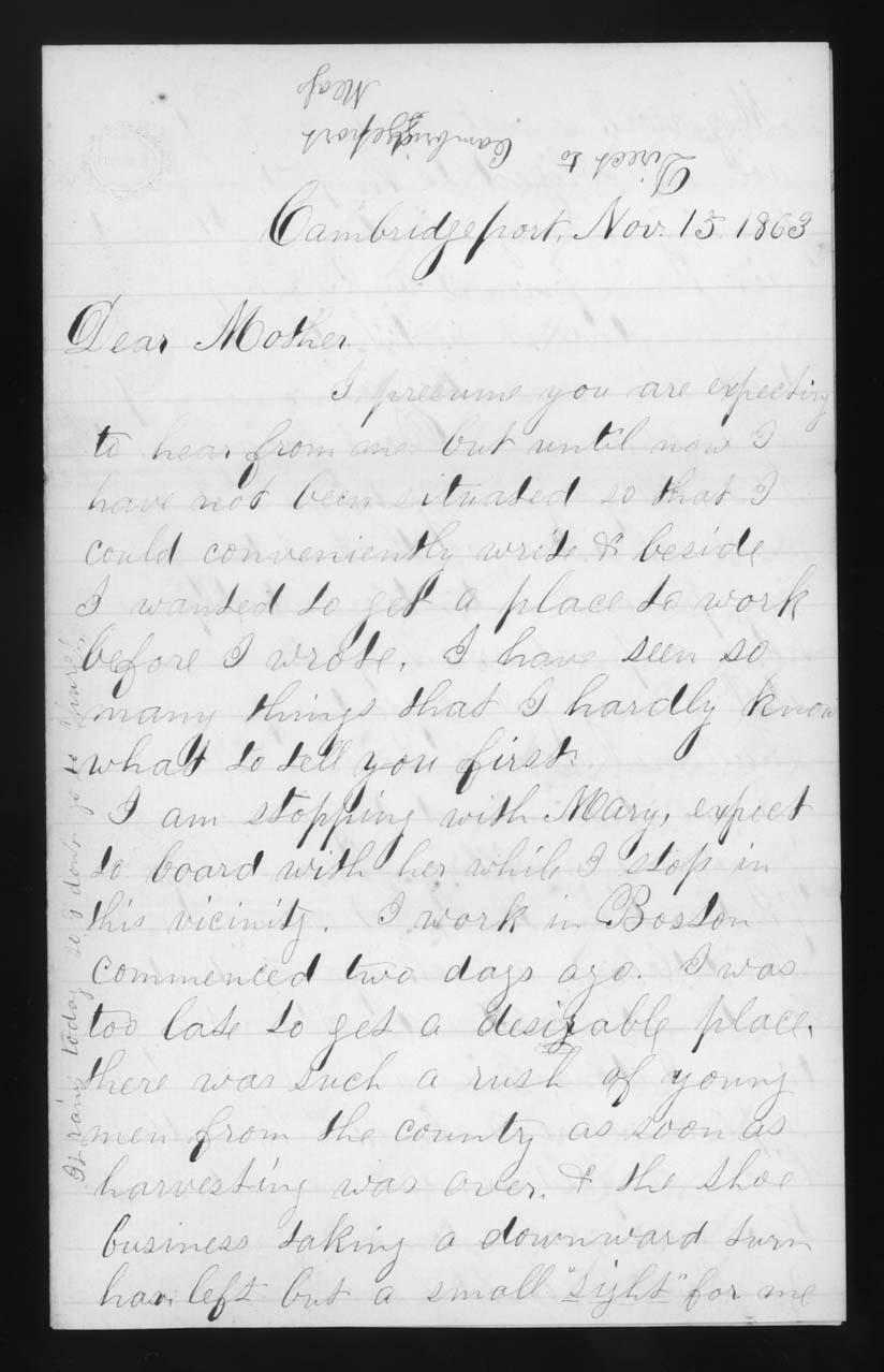Letter, John M. Jackson, Cambridgeport, Massachusetts, to Betsey Mower Jackson, Page 1