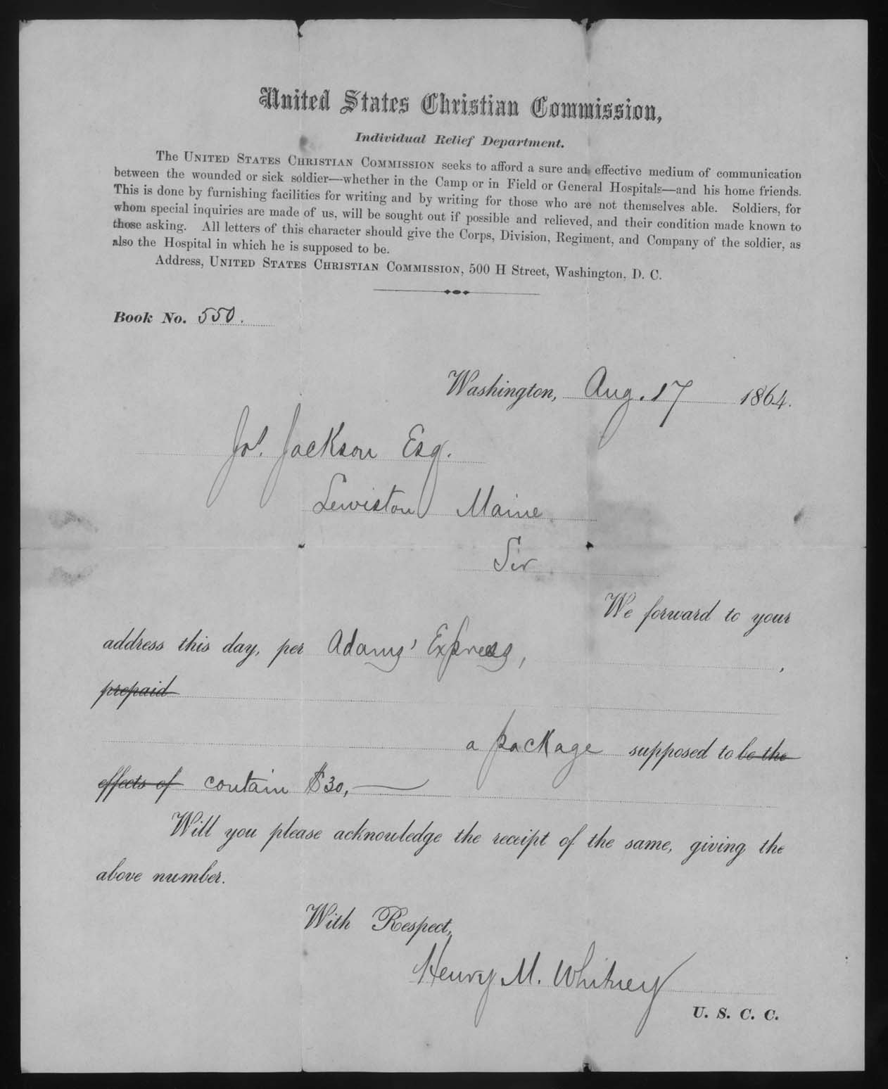 Letter, Henry M. Whitney, U.S.C.C., Washington, D.C., to Joseph Jackson