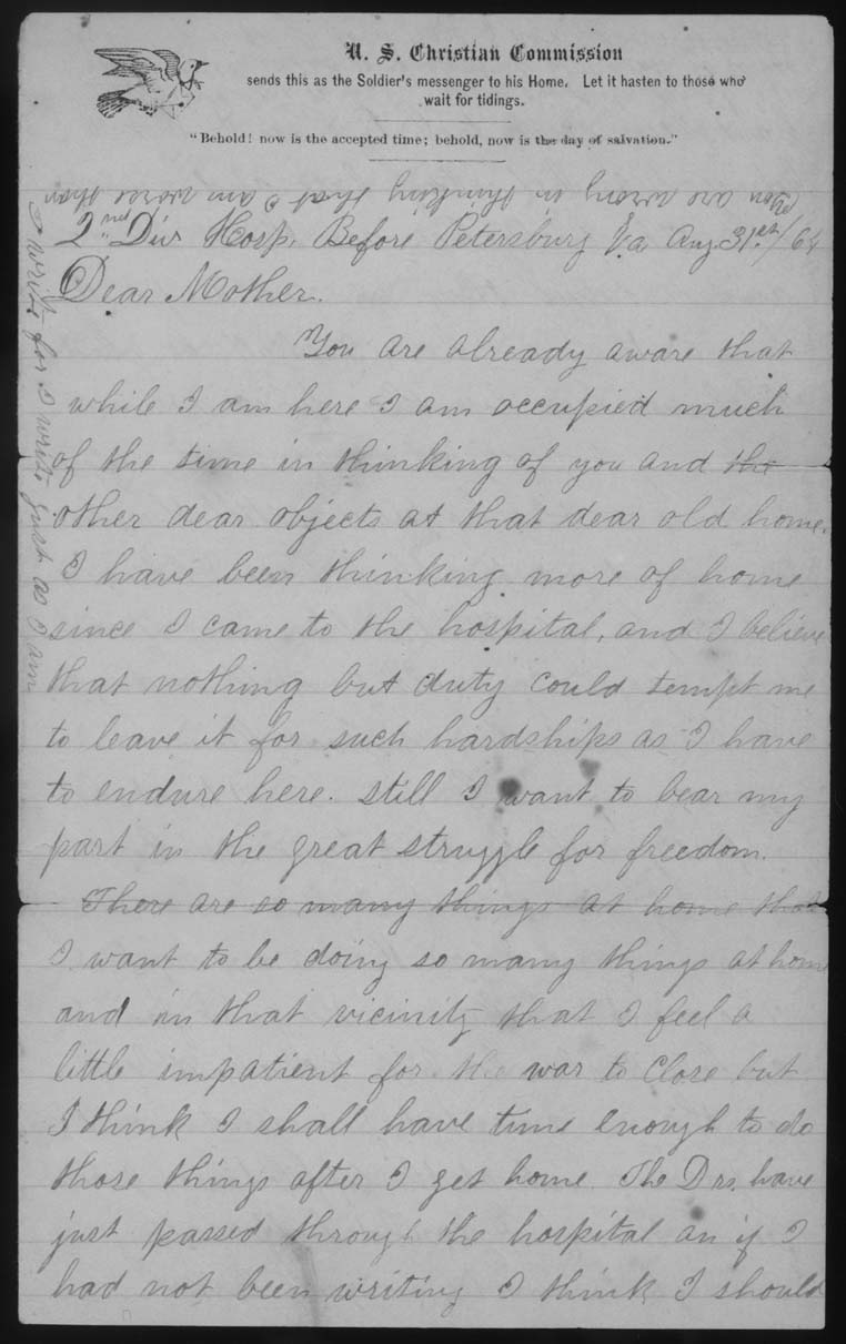 Letter, John M. Jackson, 2nd Division Hospital near Petersburg, Virginia, to Betsey Mower Jackson and Alonzo Jackson, Page 1