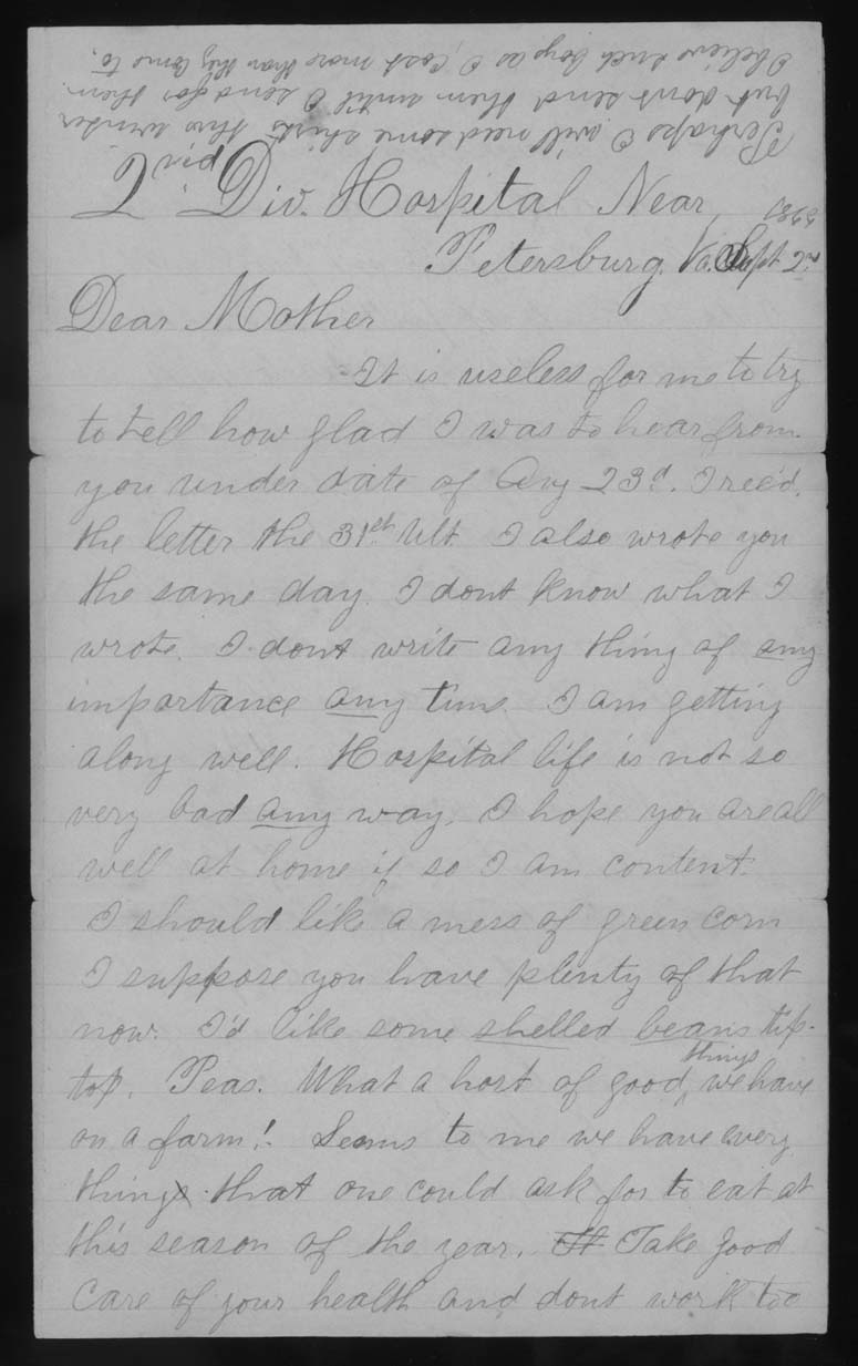 Letter, John M. Jackson, 2nd Division Hospital near Petersburg, Virginia, to Betsey Mower Jackson and Alonzo Jackson, Pages 2-3