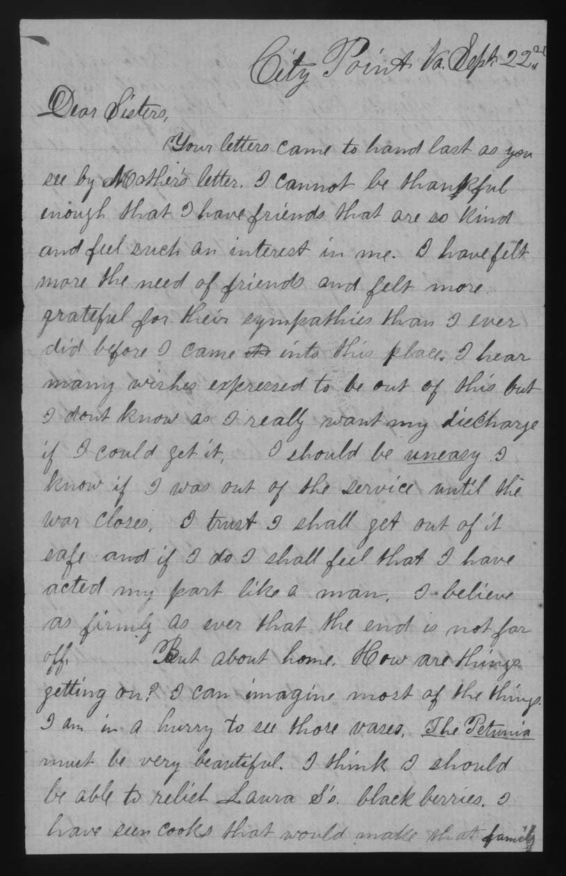 Letter, John M. Jackson, 9th Army Corps Hospital, City Point, Virginia, to Betsey Mower Jackson, Page 1