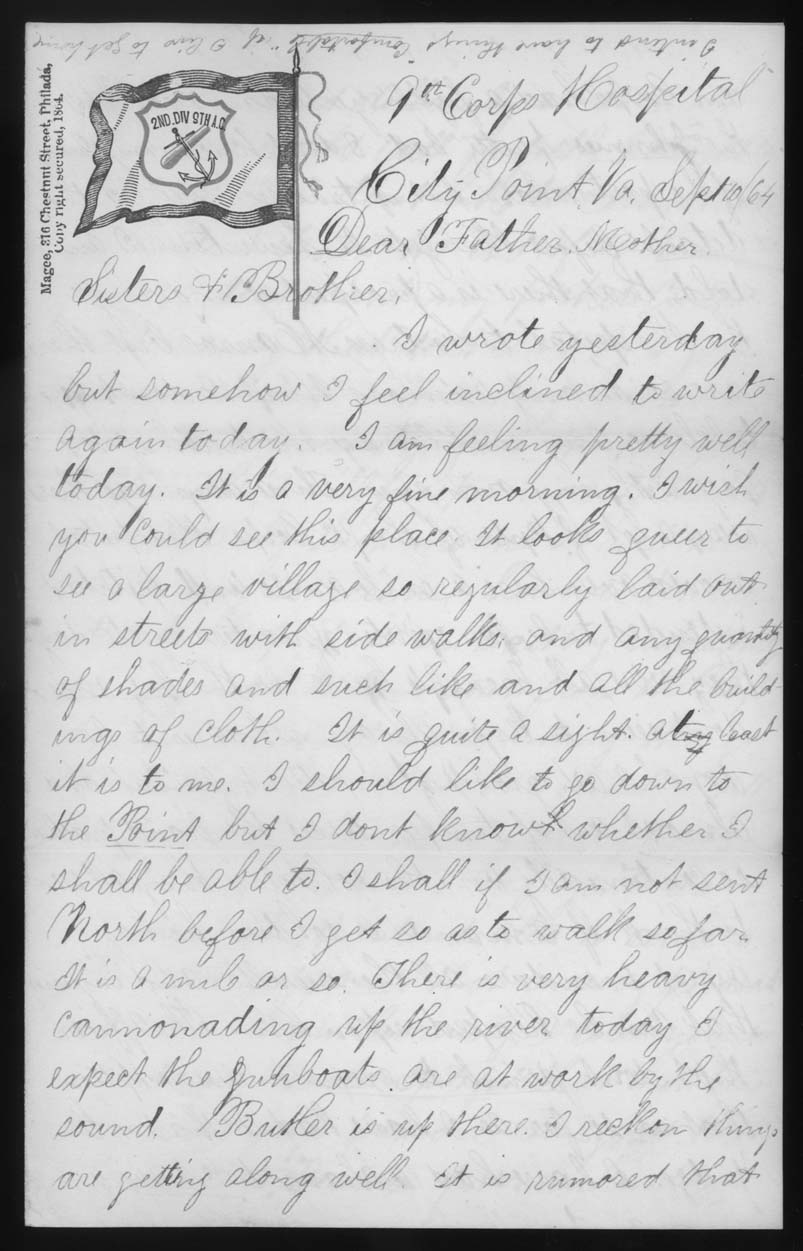 Letter, John M. Jackson, 9th Army Corps Hospital, City Point, Virginia, to Joseph Jackson Family, Page 1