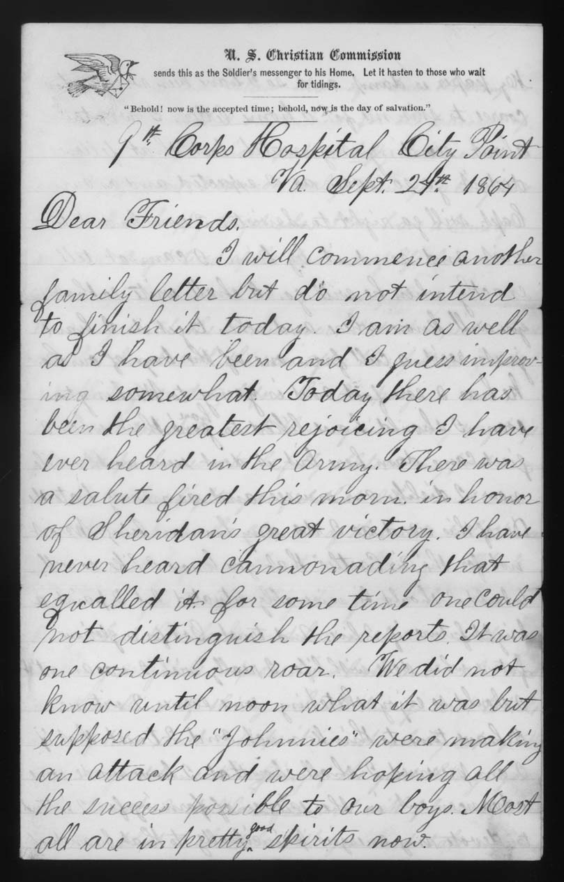 Letter, John M. Jackson, 9th Corps Army Hospital, City Point, Virginia, to Joseph Jackson Family, Page 1