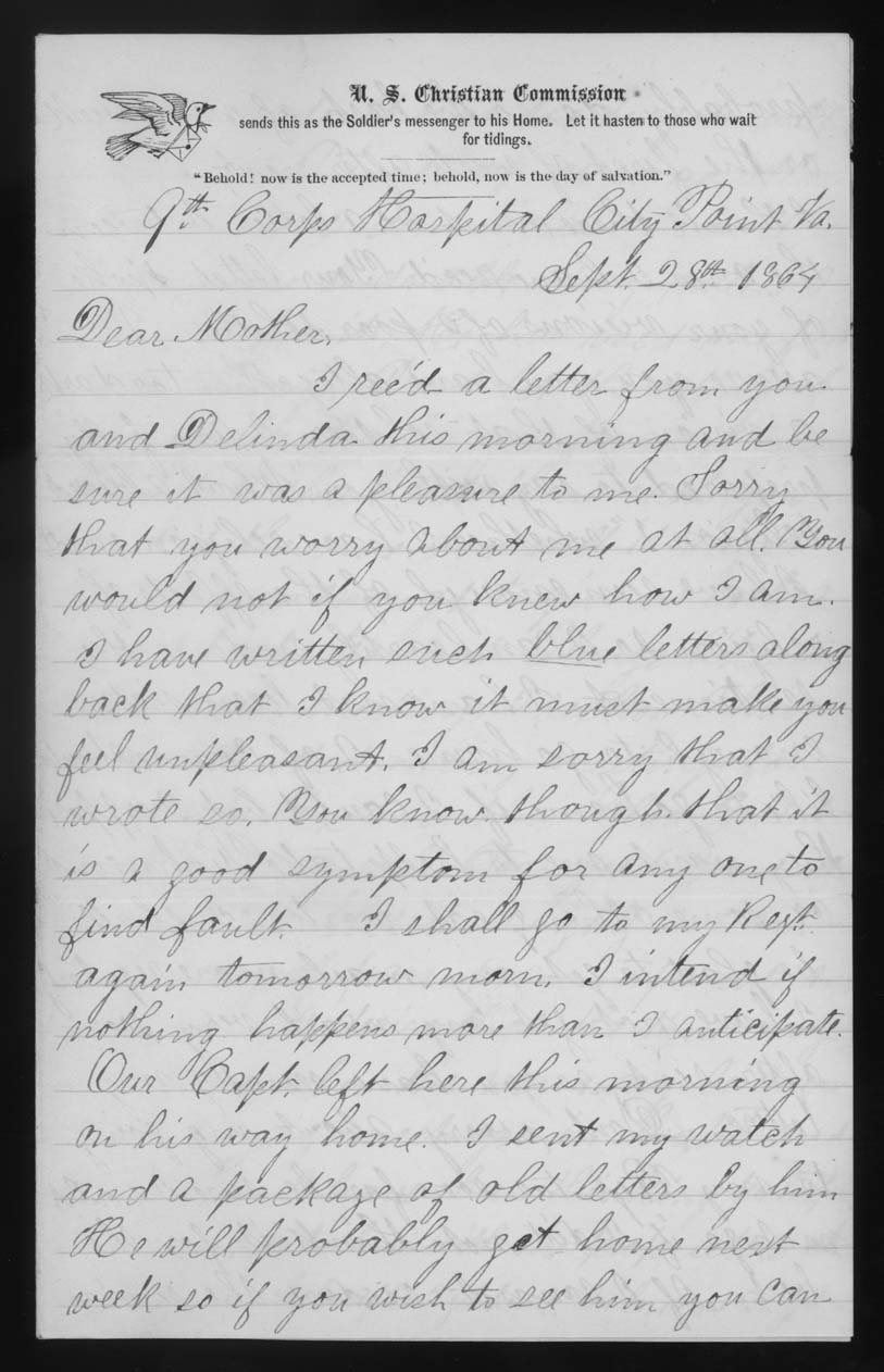 Letter, John M. Jackson, 9th Corps Army Hospital, City Point, Virginia, to Betsey Mower Jackson and Delinda Jackson, Page 1