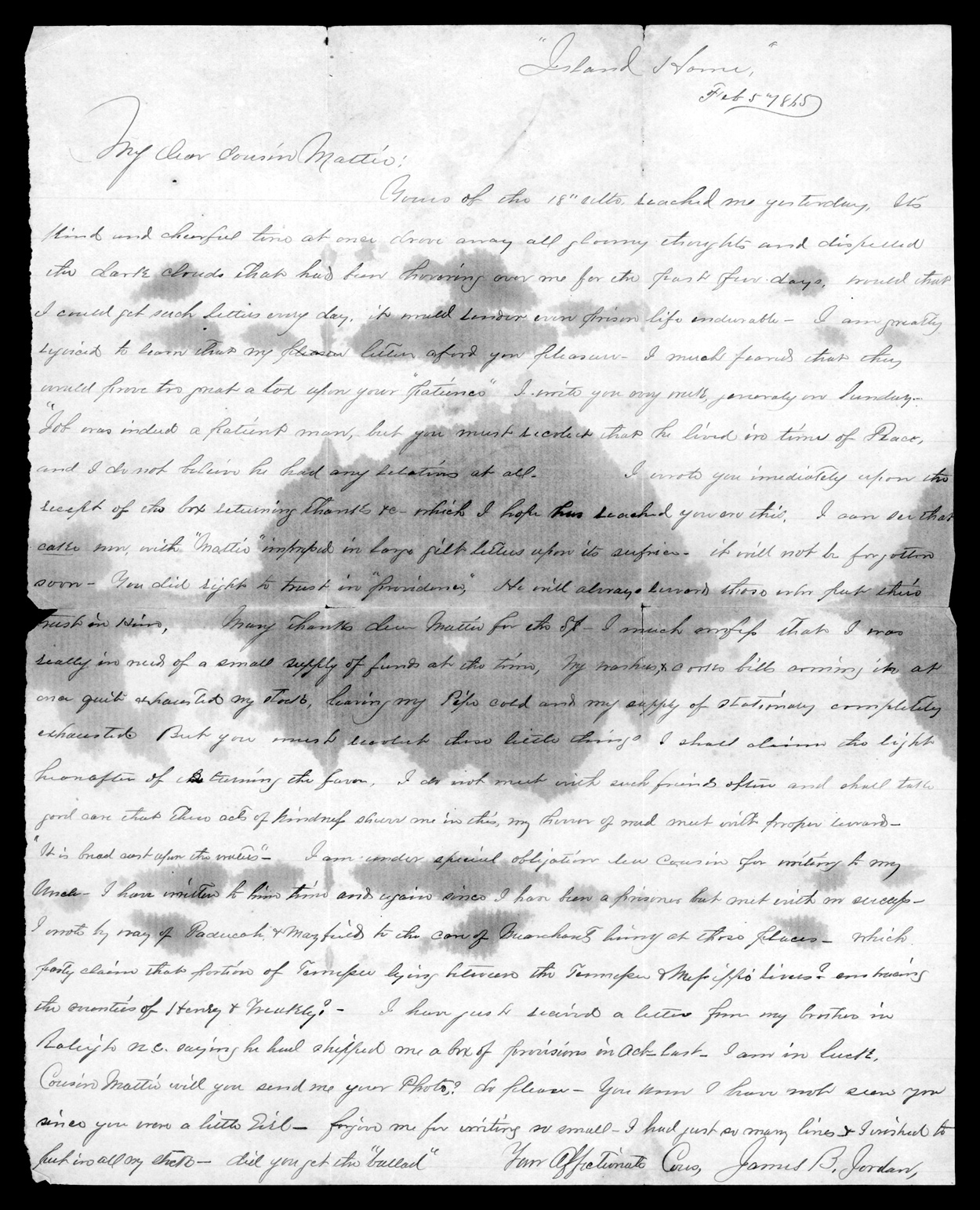 Letter, James B. Jordan, Johnson&#39;s Island, Ohio, to Mattie Fearn
