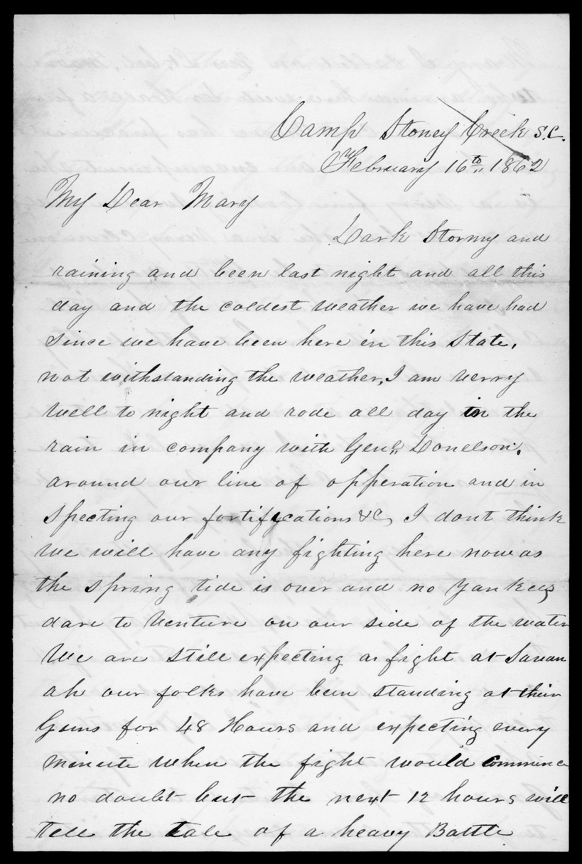 Letter, Chris C. McKinney, Camp Stoney Creek, South Carolina, to Mary McKinney