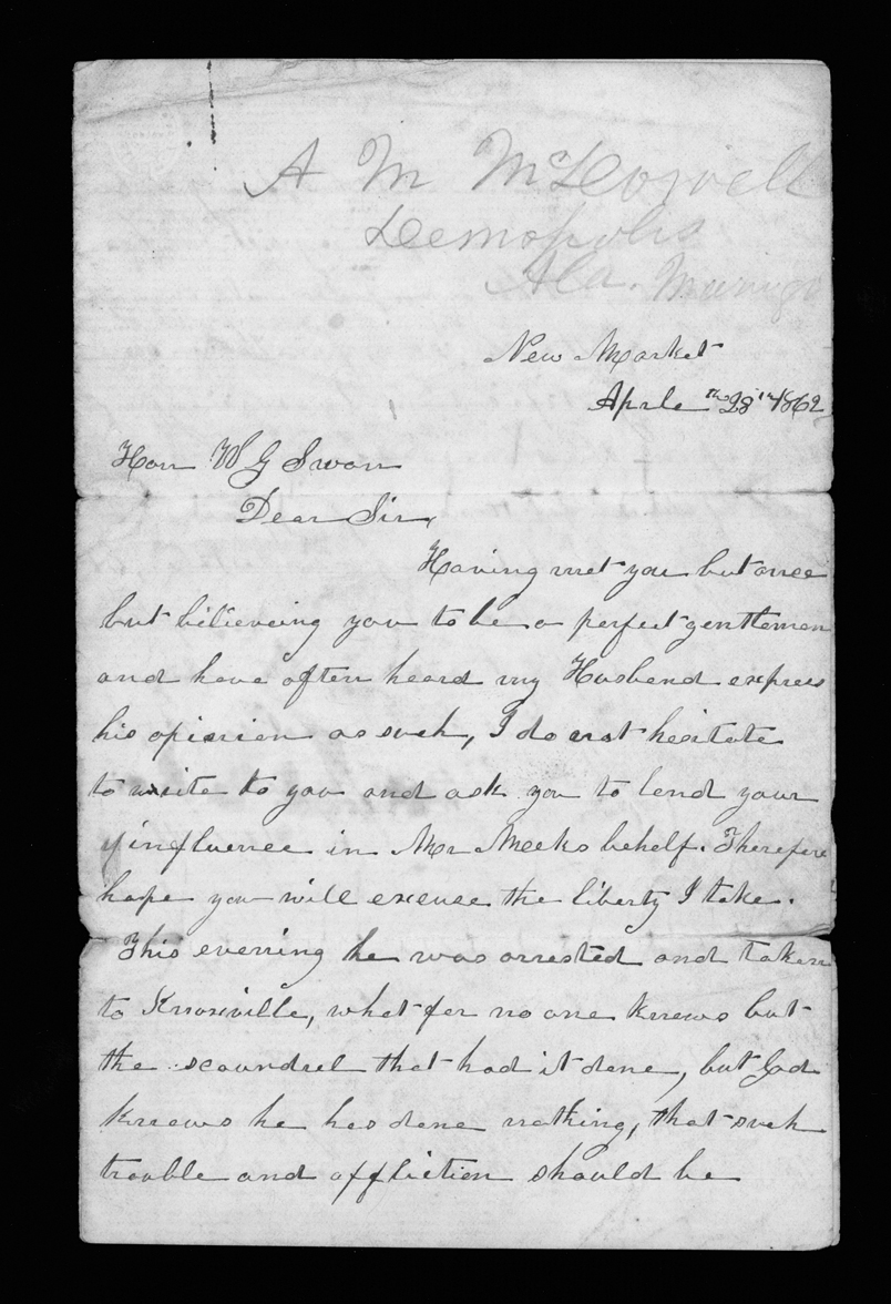 Letter, Elizabeth Walker Meek, New Market, Tennessee, to William Graham Swan