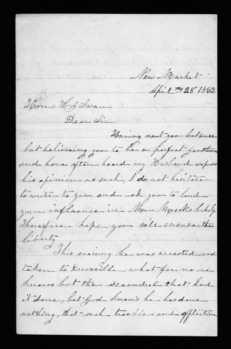 Letter, Elizabeth Walker Meek, New Market, Tennessee, to William Graham Swan