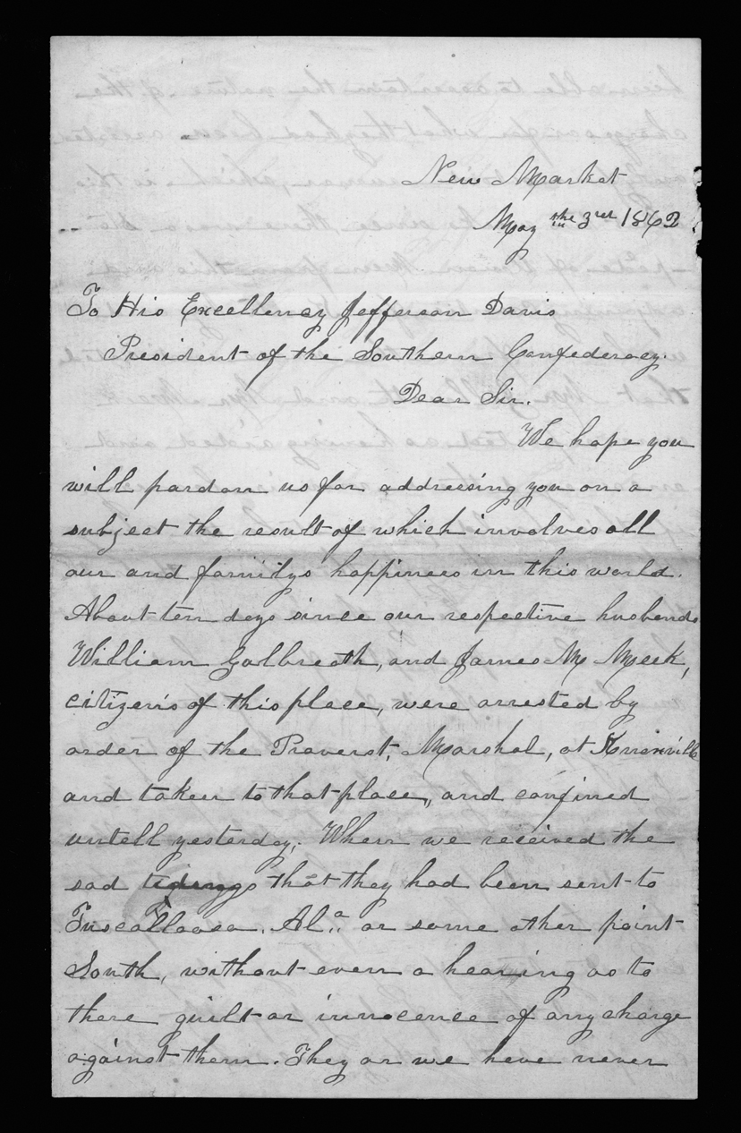 Letter, Elizabeth Walker Meek and Eliza C. Galbreath, New Market, Tennessee, to Jefferson Davis
