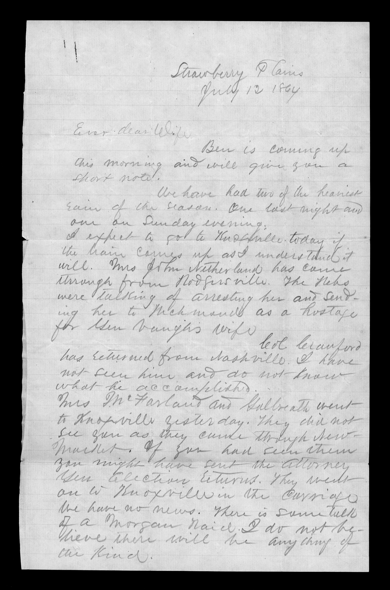 Letter, James Monroe Meek, Strawberry Plains, Tennessee, to Elizabeth Walker Meek