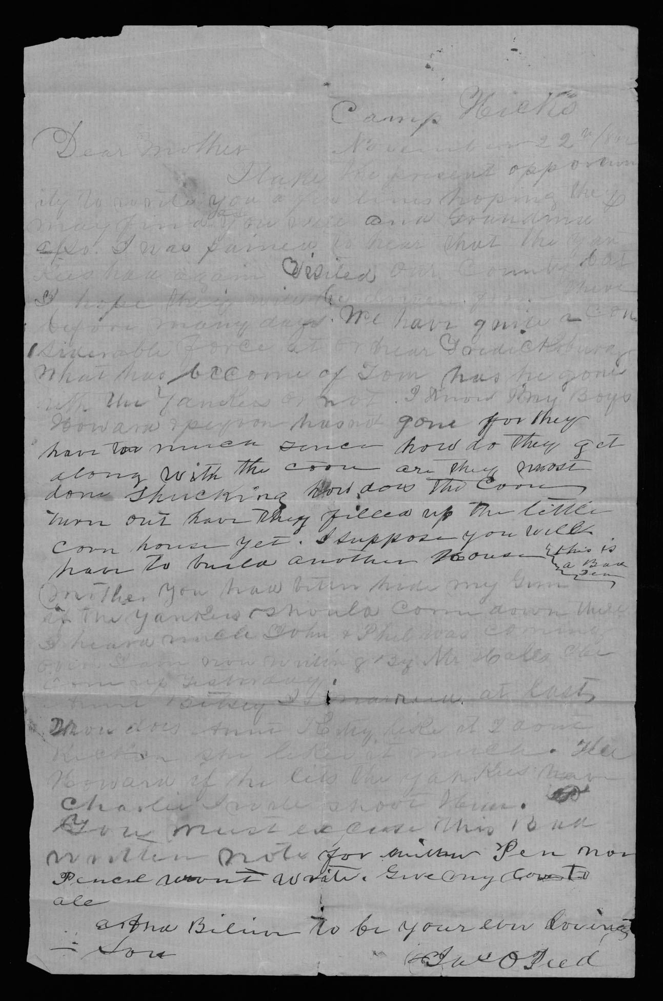 Letter, James Oscar Peed, Hicks Hill, Virginia, to Nancy Owens Peed