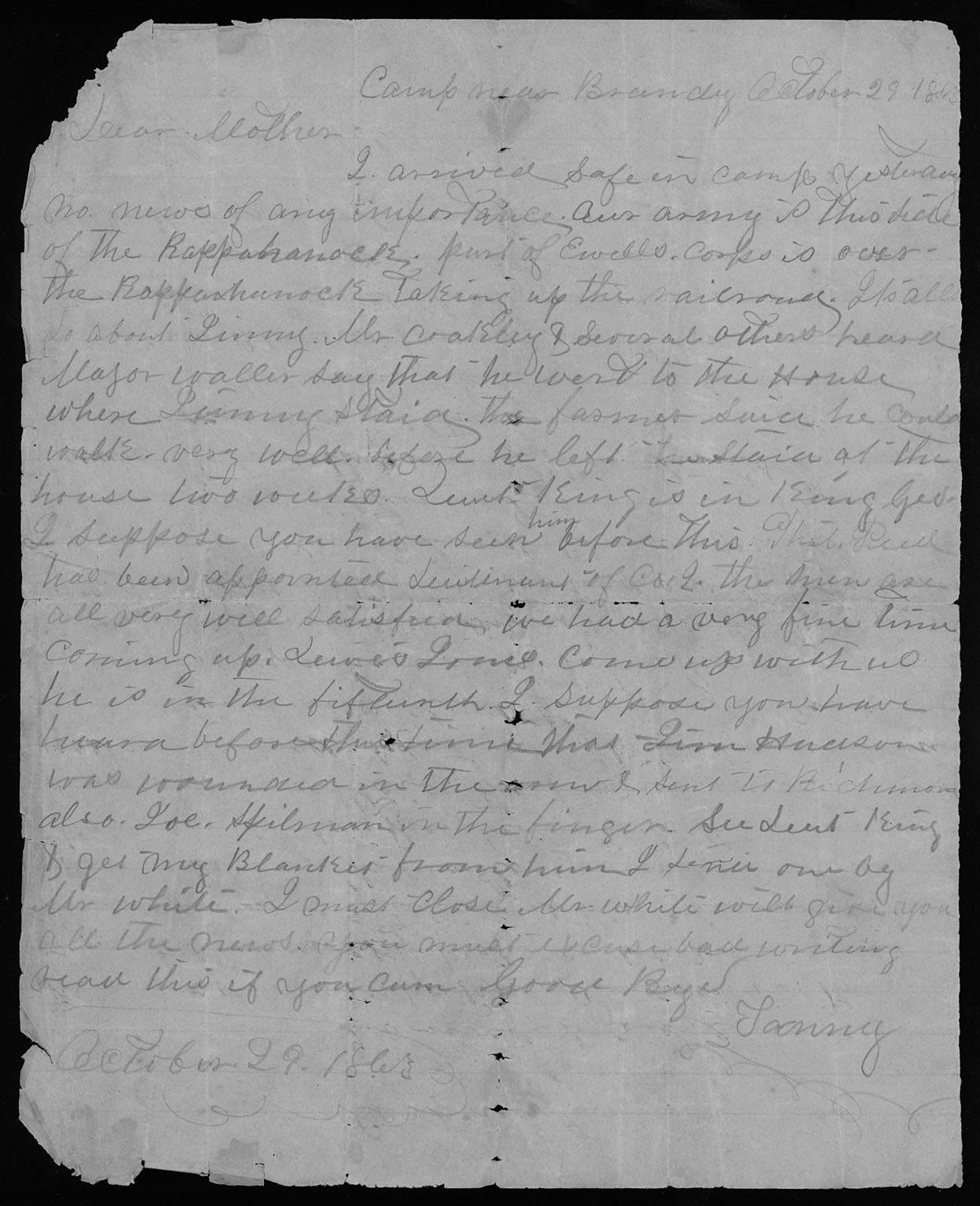Letter, John Nathaniel Peed, near Brandy Station, Virginia, to Nancy Owens Peed