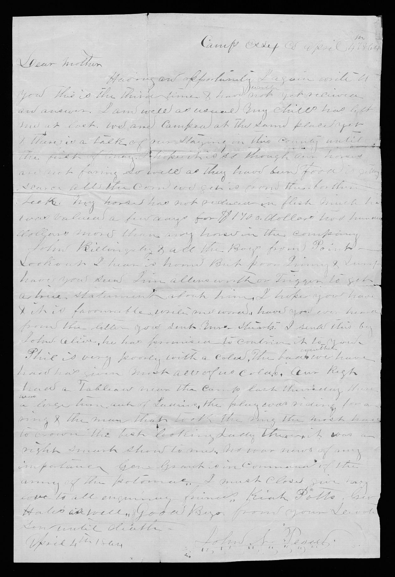Letter, John Nathaniel Peed, Essex County, Virginia, to Nancy Owens Peed