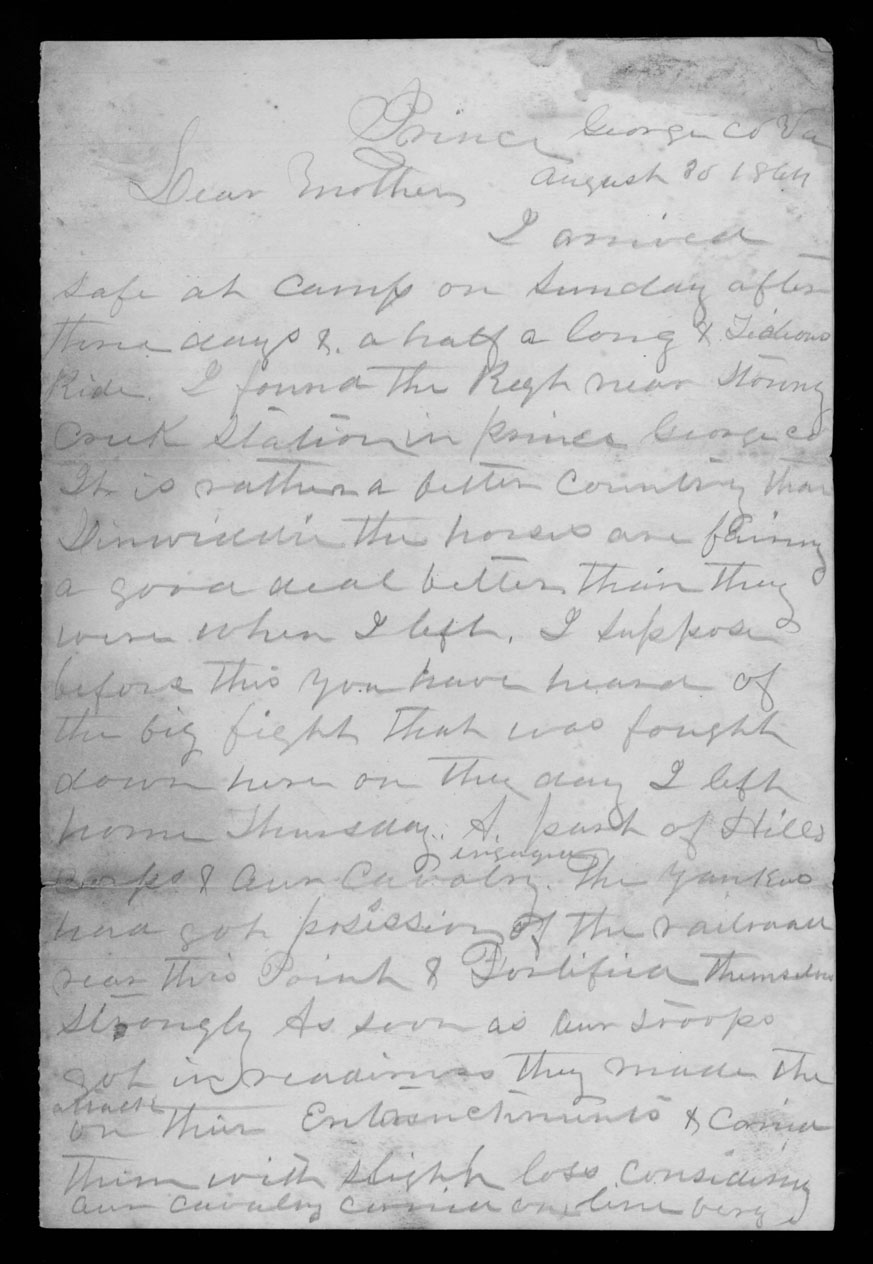 Letter, John Nathaniel Peed, Prince George County, Virginia, to Nancy Owens Peed