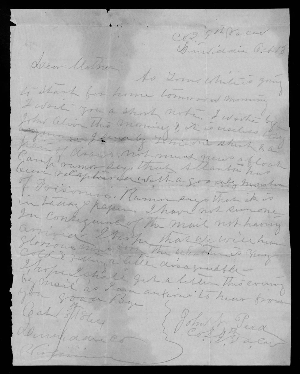 Letter, John Nathaniel Peed, Dinwiddie County, Virginia, to Nancy Owens Peed