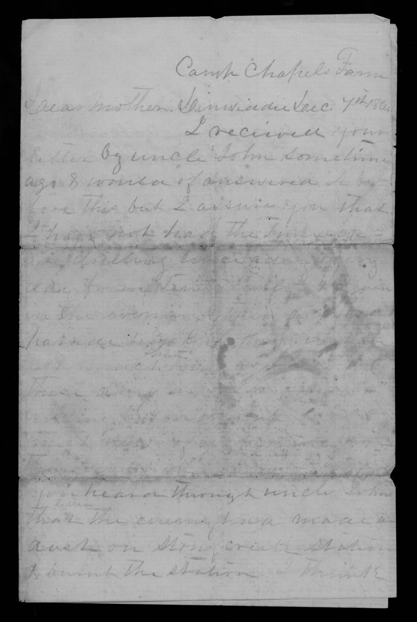 Letter, John Nathaniel Peed, Dinwiddie County, Virginia, to Nancy Owens Peed