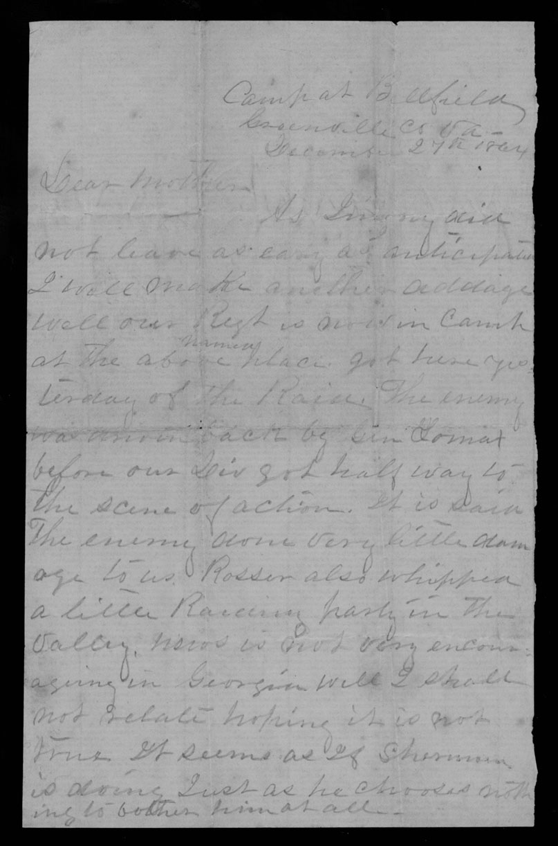 Letter, John Nathaniel Peed, Belfield Station, Virginia, to Nancy Owens Peed