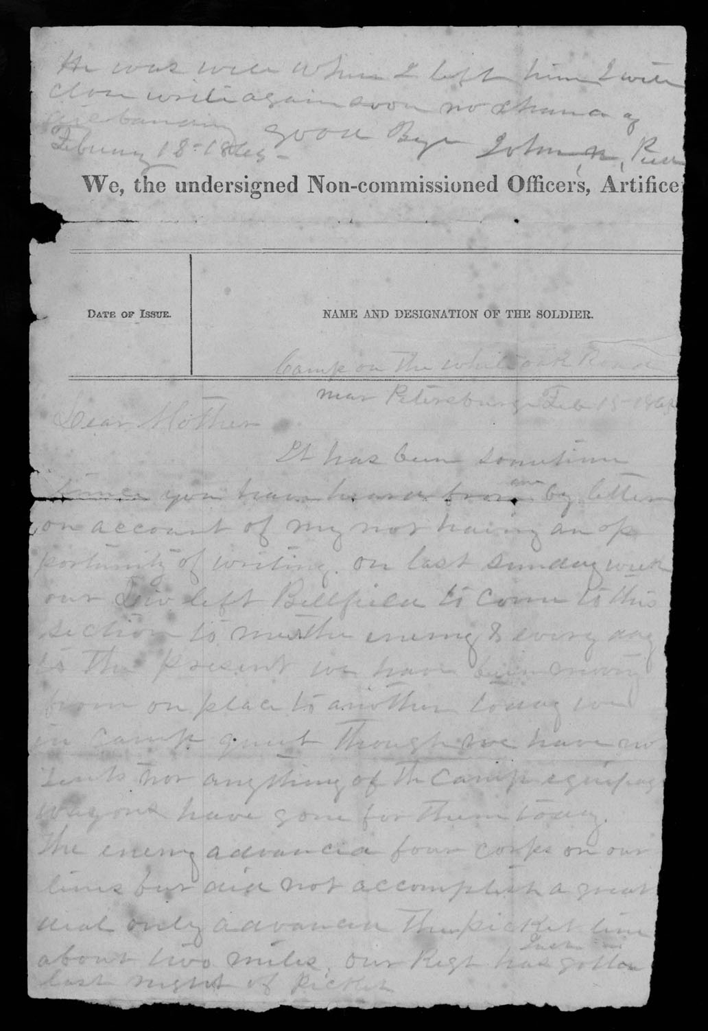 Letter, John Nathaniel Peed, near Petersburg, Virginia, to Nancy Owens Peed