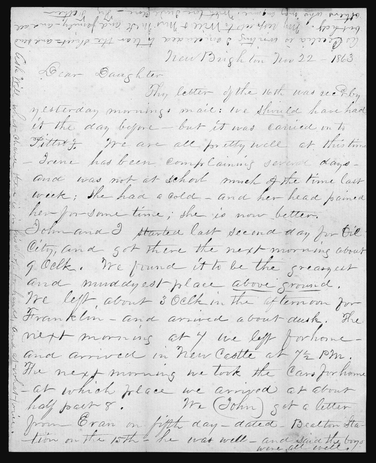 Letter, Joseph T. Pugh, New Brighton, Pennsylvania, to Sarah Ann Pugh