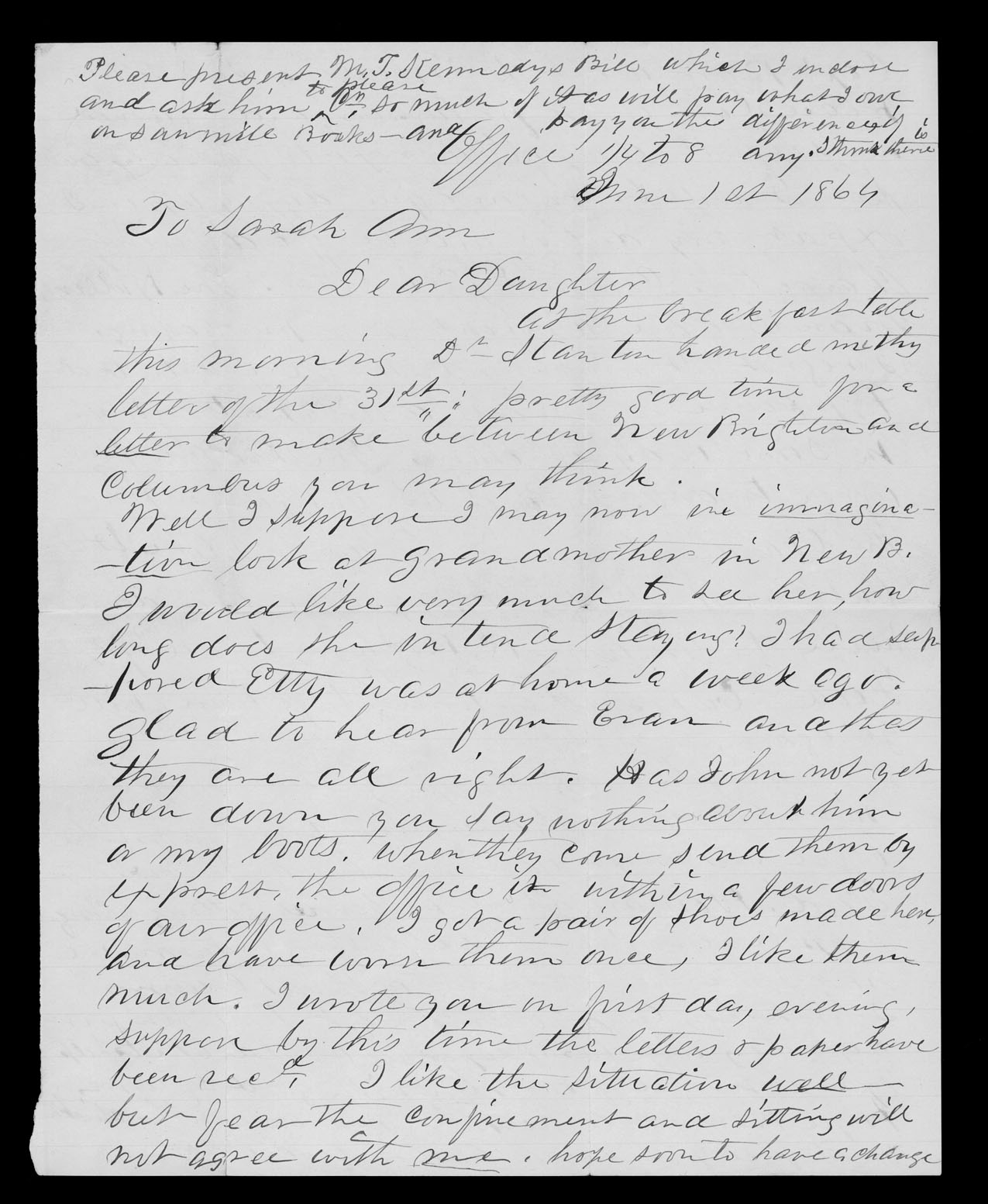 Letter, Joseph T. Pugh, Columbus, Ohio, to Sarah Ann Pugh