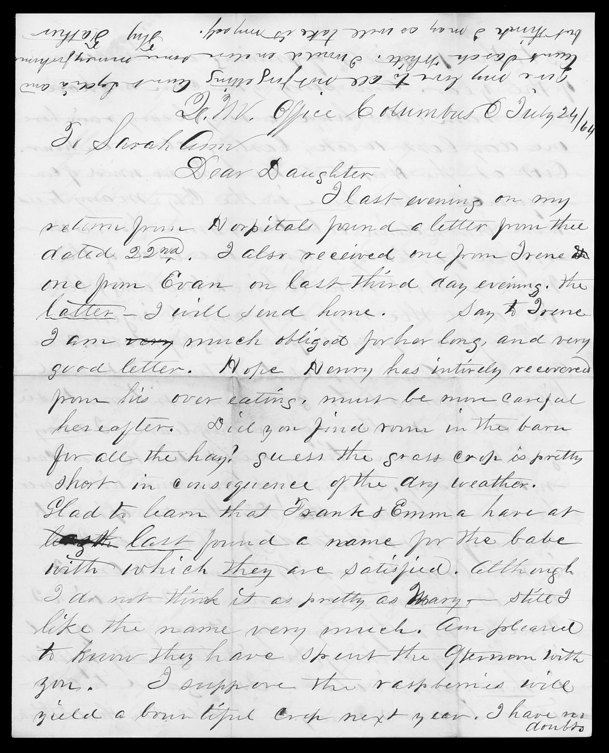 Letter, Joseph T. Pugh, Columbus, Ohio, to Sarah Ann Pugh