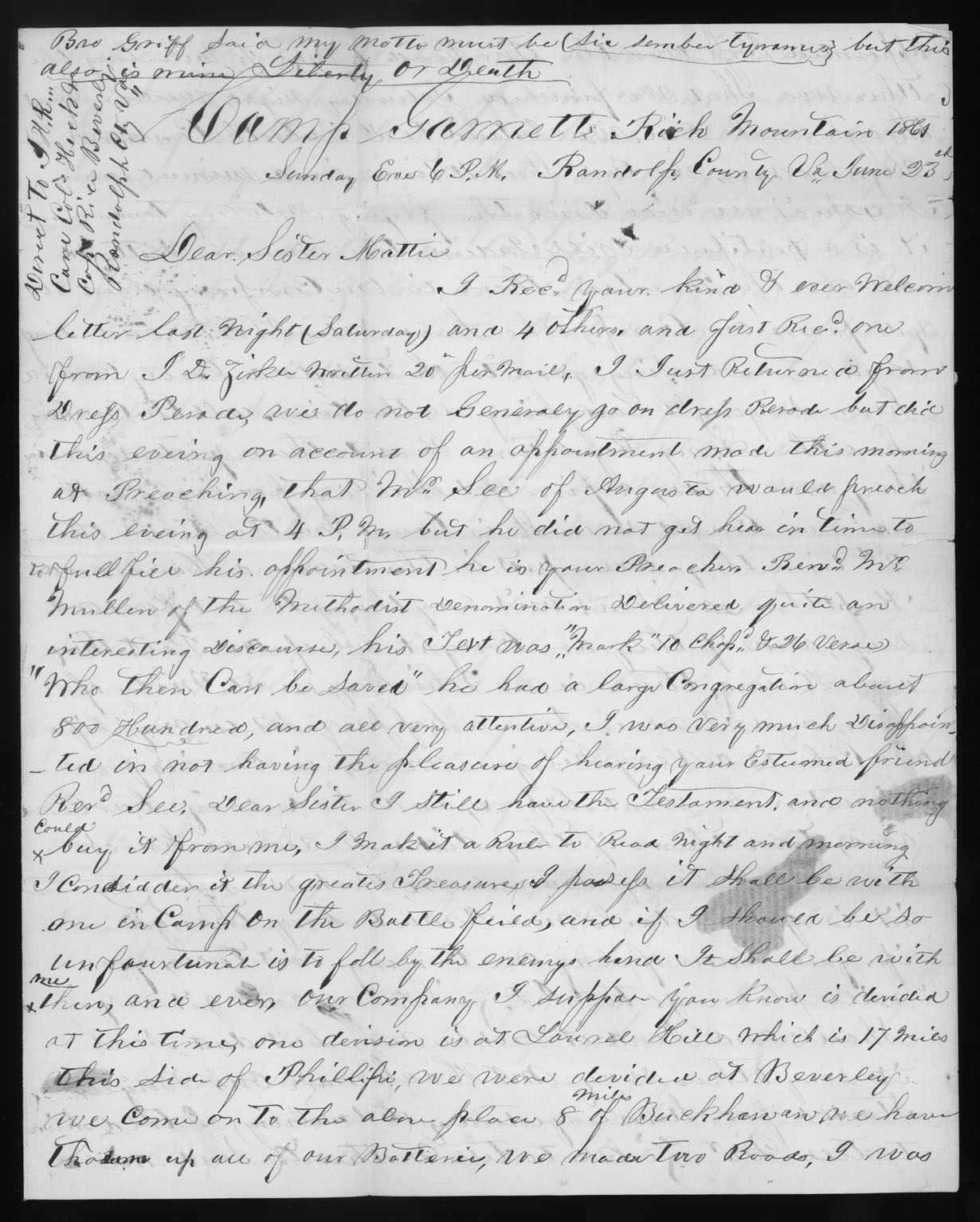Letter, John Henry Read, Camp Garnett, Rich Mountain, Randolph County, Virginia, to Martha White Read