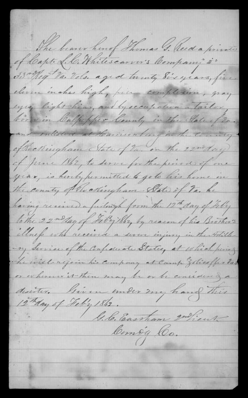 George C. Eastham, &amp;quot;Furlough Pass for Thomas Griffin Read, 12-22 Feb. 1862&amp;quot;